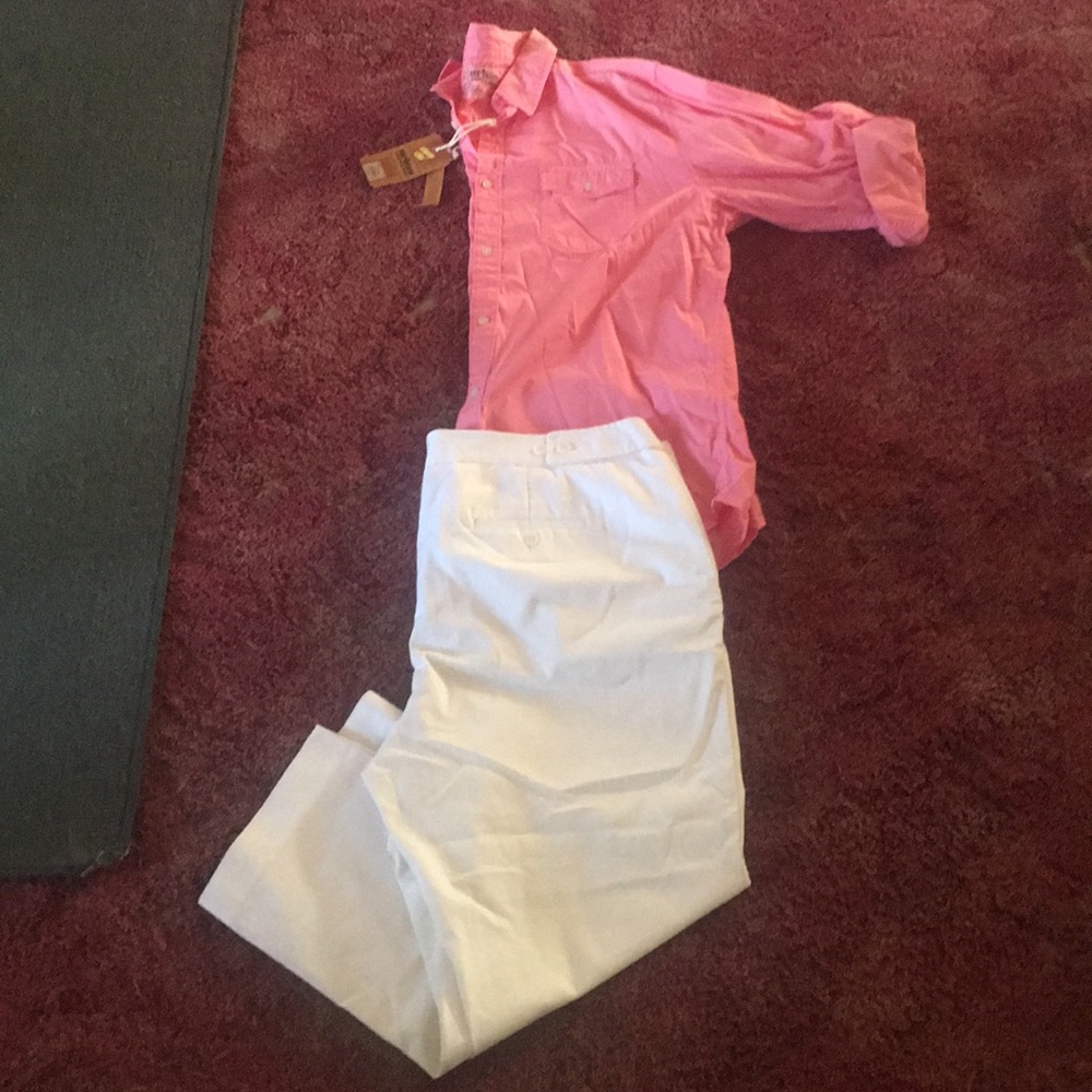 Outfit: two button up shirts and white pants